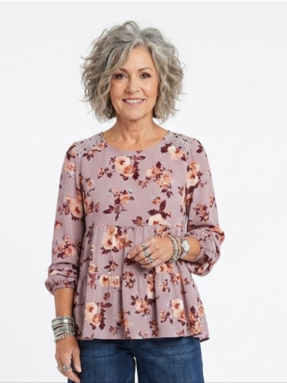 Knox Rose Mauve Floral Long Sleeve Peplum Romantic Blouse